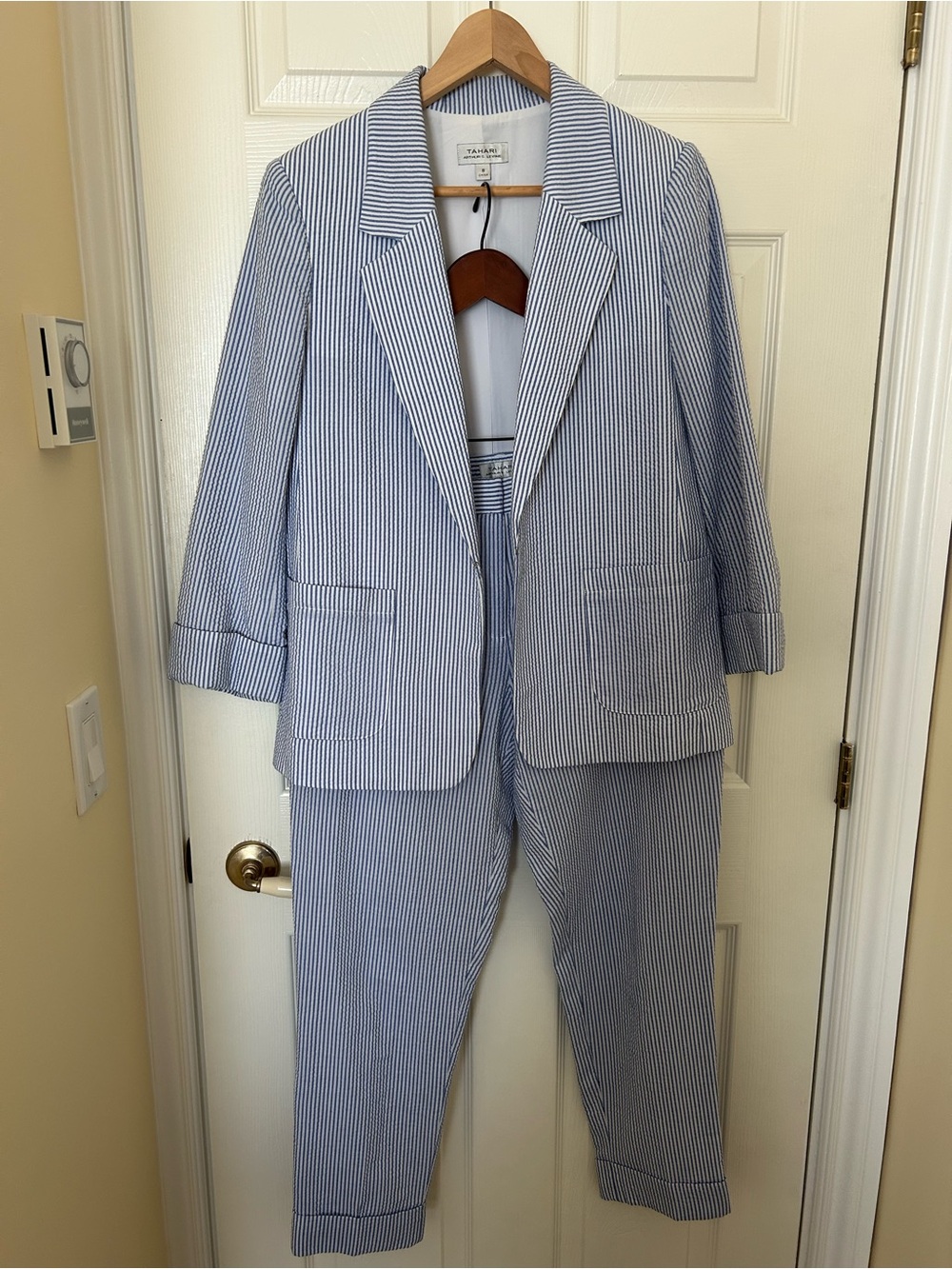 Tahari Blue and White Pinstripe Women's Blazer and Trousers